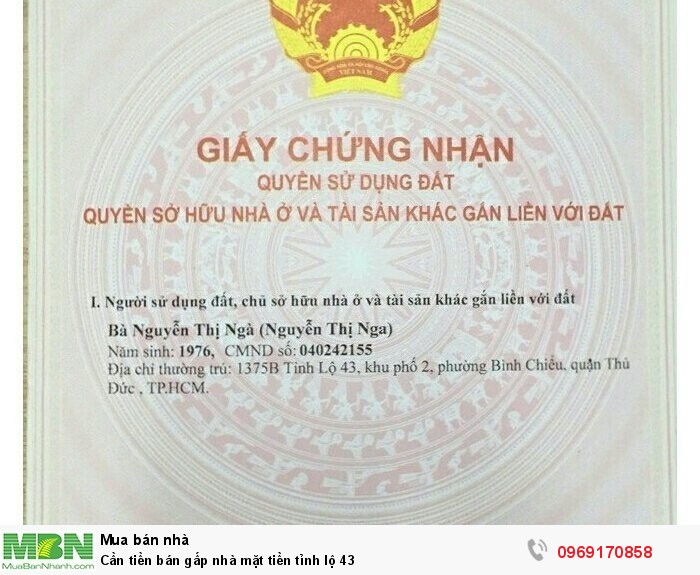 Cần tiền bán gấp nhà mặt tiền tỉnh lộ 43