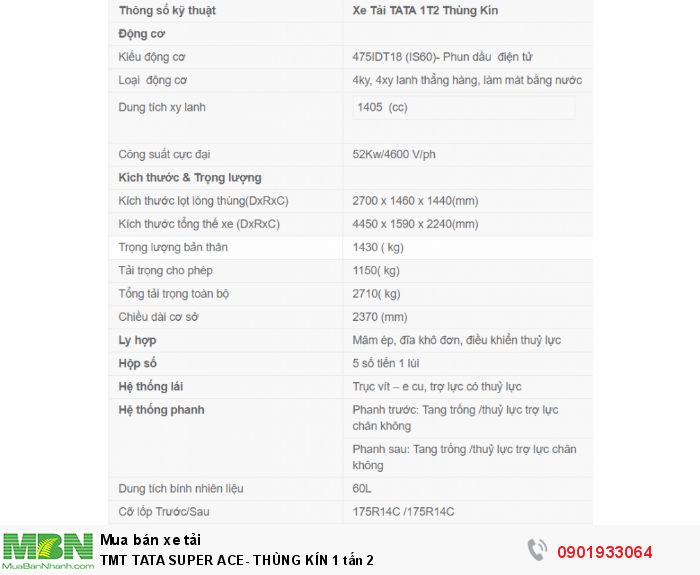 Tmt Tata Super Ace- Thùng Kín 1 Tấn 2