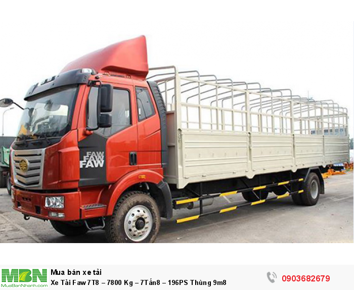 Xe Tải Faw 7T8 – 7800 Kg – 7Tấn8 – 196PS Thùng 9m8