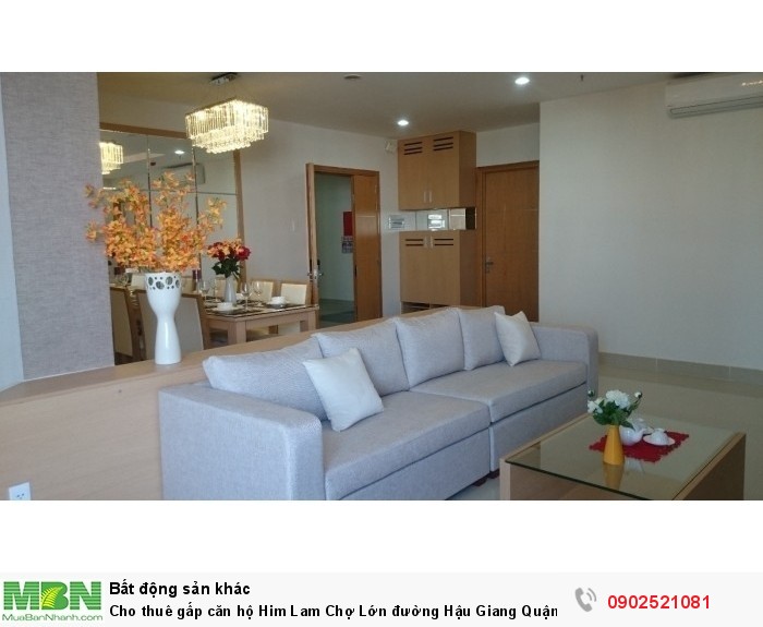 Cho thuê gấp căn hộ Him Lam Chợ Lớn đường Hậu Giang Quận 6. Diện tích 102m2, 2PN, 2WC, nhà đẹp
