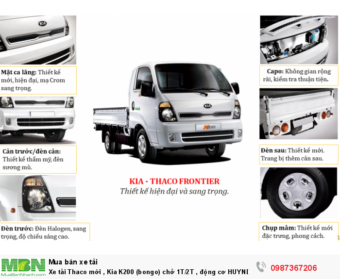 Xe tải Thaco mới , Kia K200 (bongo) chở 1T/2T , động cơ HUYNDAI , EURO4 , trả góp 80%