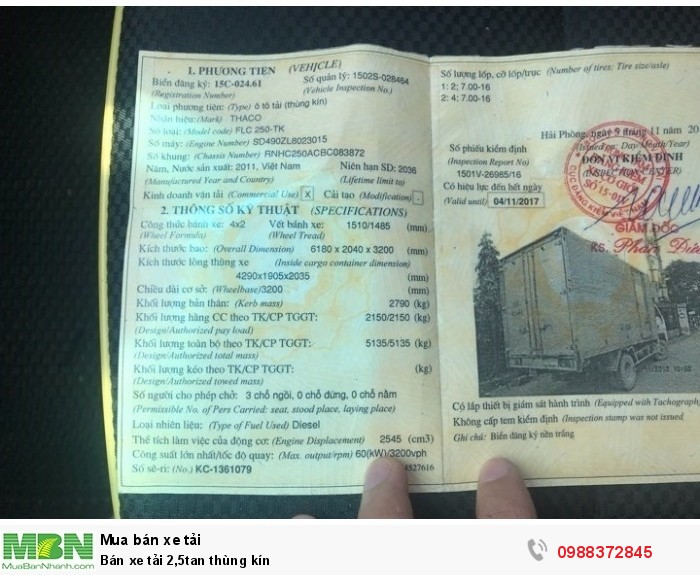 Bán xe tải 2,5tan thùng kín