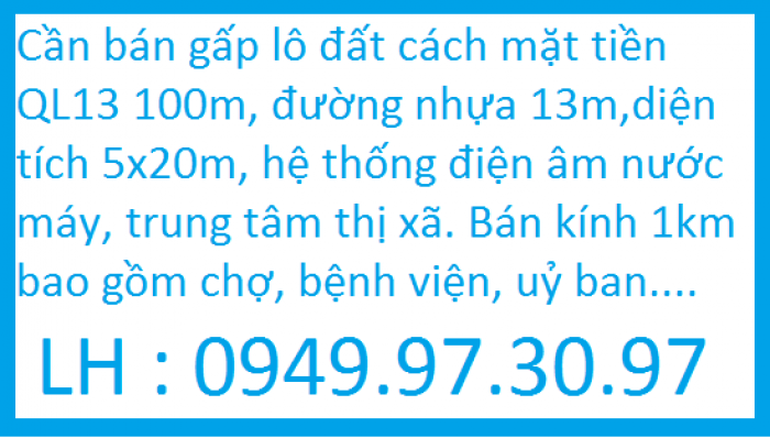 Cần bán gấp nền dt 5x20, tc 100, đương nhựa 10m, chợ Bến Cát