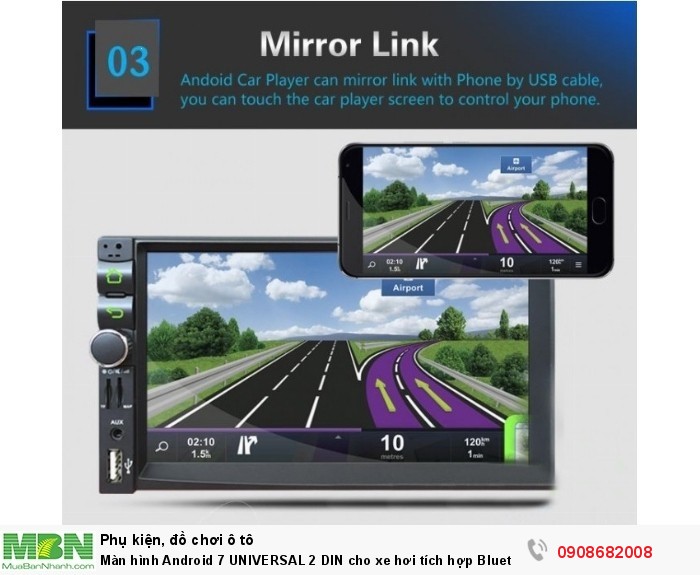 Màn hình Android 7 UNIVERSAL 2 DIN cho xe hơi tích hợp Bluetooth Radio GPS Map MP5 MP3_701