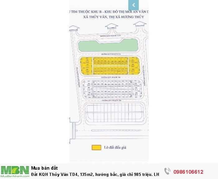 Đất KQH Thủy Vân TD4, 135m2, hướng bắc, giá chỉ 985 triệu.