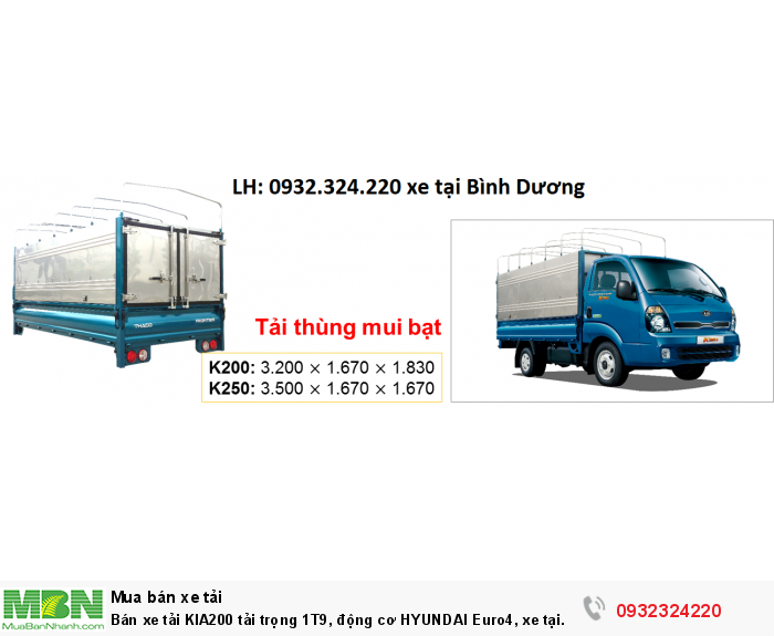Bán xe tải KIA200 tải trọng 1T9, động cơ HYUNDAI Euro4, xe tại Bình Dương