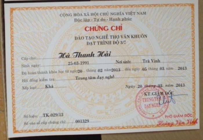 Chứng chỉ nghề thợ ván khuôn mơi 100%