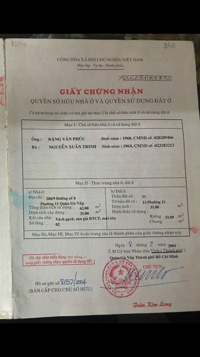 Bán nhà đường số 8-Lê Văn Thọ, p11, gò vấp TPHCM