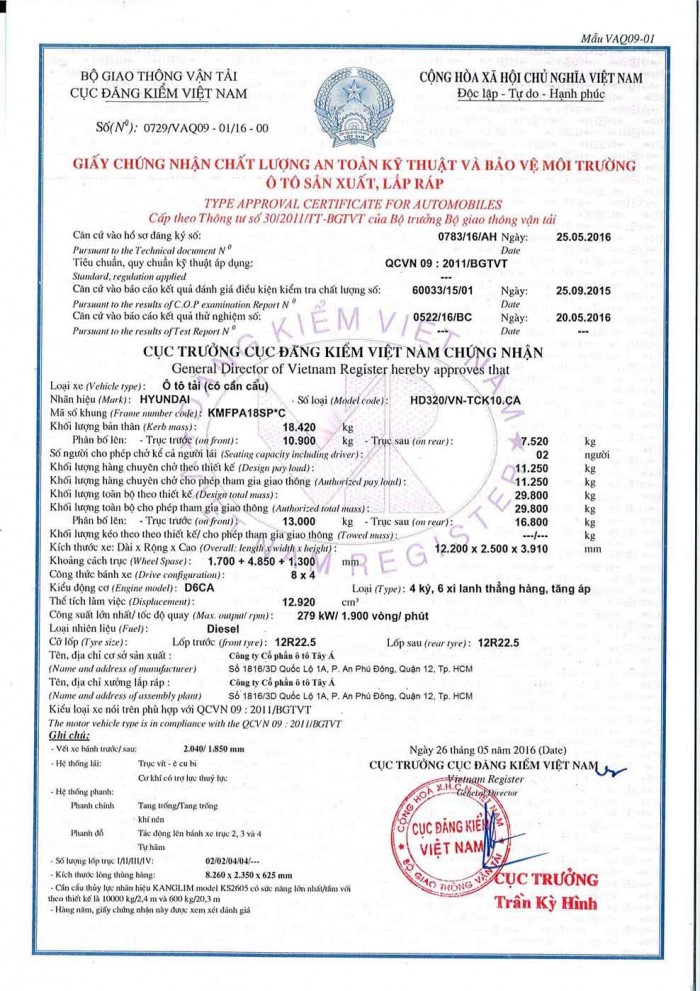 Xe tải Hyundai HD320 4 chân, gắn cẩu 10 tấn KangLim, tải trọng hàng 12 tấn, cẩu vươn dài 19m