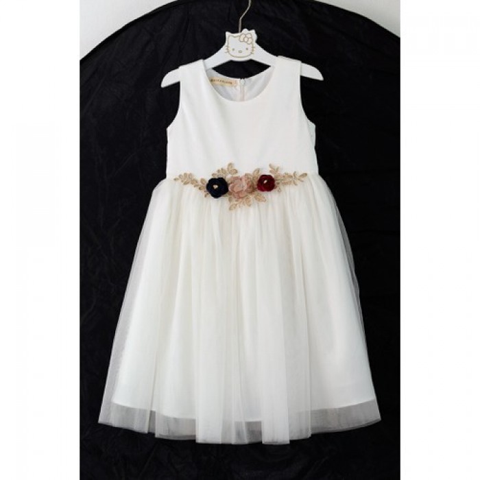 Đầm xòe trắng đính hoa ren eo cho bé gái HIKARI-12.1
