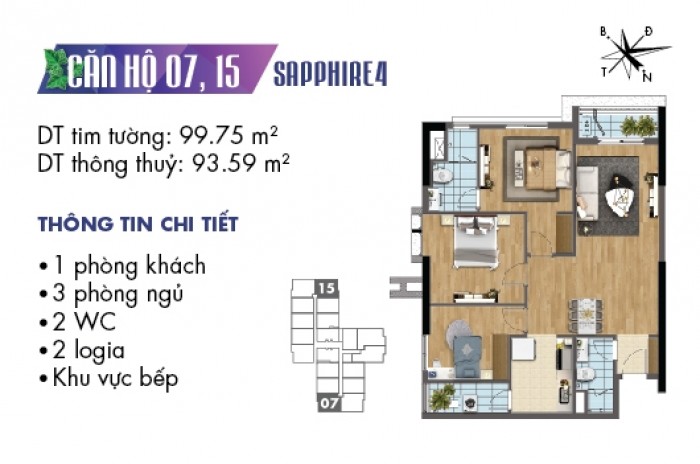 [Goldmark City] Căn hộ 3 ngủ full nội thất đẹp, diện tích 94m2 tòa Sapphire 4