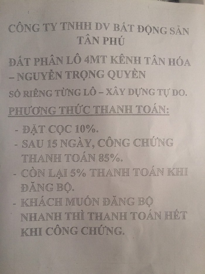 Tân phú Cơ hội mua đất mặt tiền Kênh Tân Hóa, 4x 23m