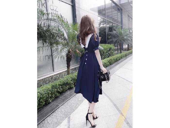 Đầm công sở cổ xếp ly xanh navy | Muasam24 - Yên Tâm Mua Sắm