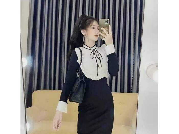 Váy đen cổ bèo nơ bao xinh  Shopee Việt Nam
