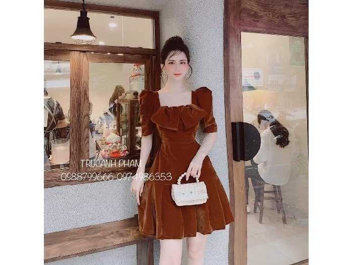 Đầm Xoè Hoa Tone Nâu Cổ V Tay Phồng Lụa Ánh Kim Cao Cấp Lealia Dress - Đầm  Quỳnh Anh Luxury Fashion