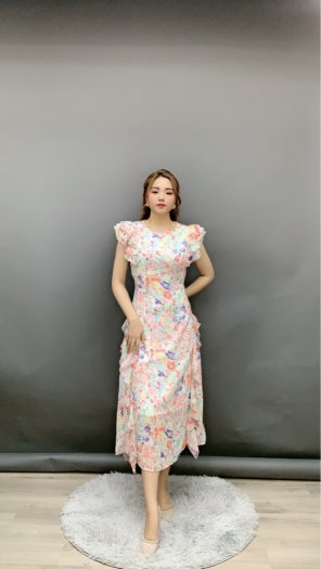 Đầm Voan Hoa Tay Dài Phối Bèo Tùng Giá Sỉ - ANNSHOP.VN