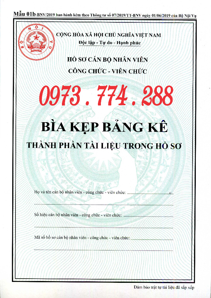 Bán bìa kẹp hồ sơ cán bộ nhân viên công chức viên chức, mẫu 07b-BNV/2019, ban hành theo thông tư 072
