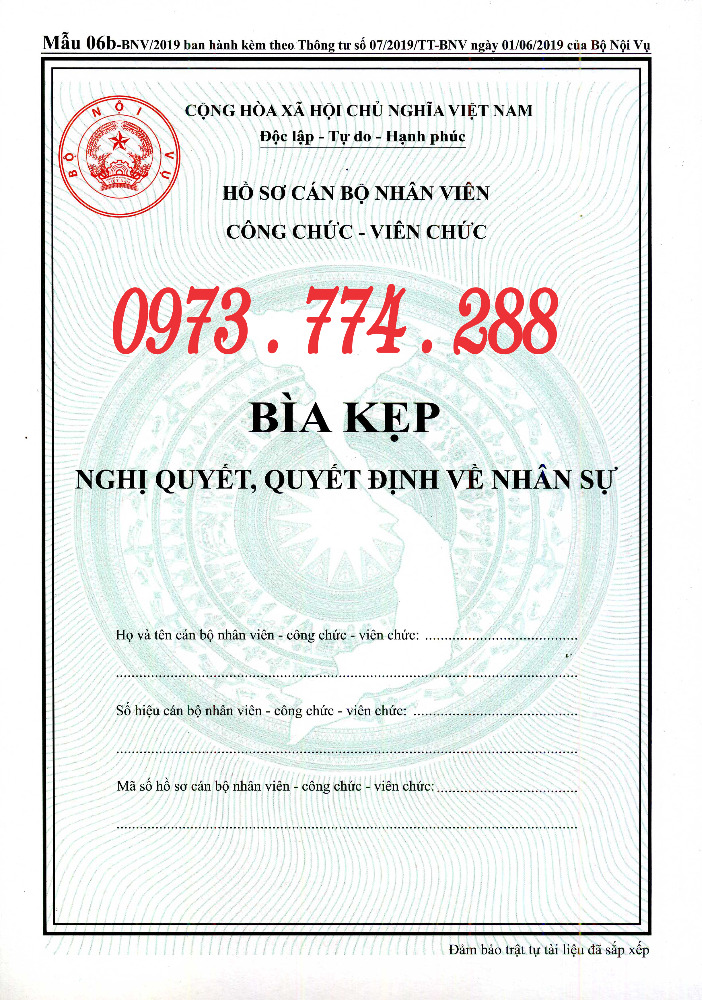 Bán bìa kẹp hồ sơ cán bộ nhân viên công chức viên chức, mẫu 07b-BNV/2019, ban hành theo thông tư 071