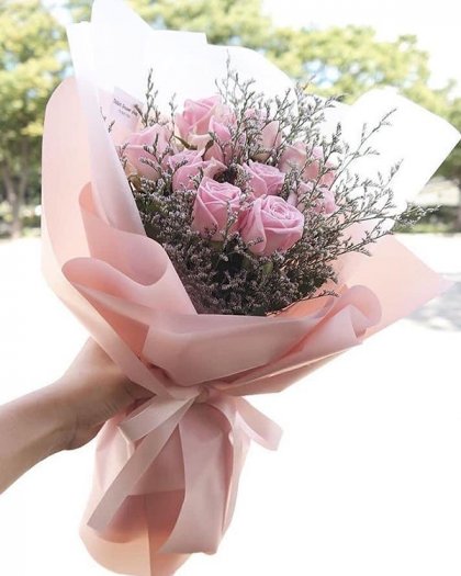 Bó hoa hồng phấn mix hoa sao tím - LDNK1280