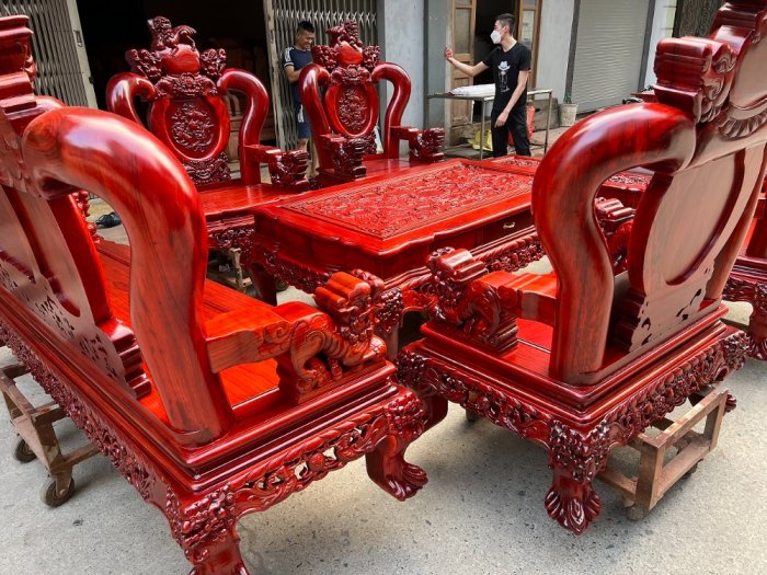 Bộ bàn ghế nghê đỉnh gỗ hương đỏ nam phi tay 14 10 món1