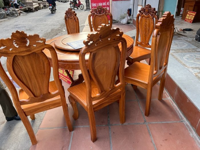 Bộ bàn ghế ăn tròn gỗ gõ đỏ 6 ghế hoa lá tây ván tràn, mâm xoay2