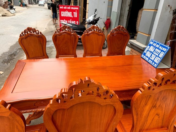 Bộ bàn ghế ăn hoa lá tây ván tràn bàn chữ nhật gỗ gõ đỏ5