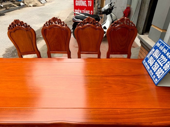 Bộ bàn ghế ăn hoa lá tây ván tràn bàn chữ nhật gỗ gõ đỏ2