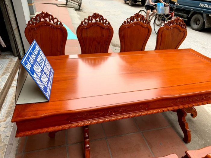 Bộ bàn ghế ăn hoa lá tây ván tràn bàn chữ nhật gỗ gõ đỏ1
