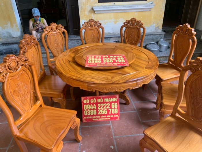 Bộ bàn ghế ăn tròn gỗ gõ đỏ 8 ghế hoa lá tây ván tràn, mâm xoay11