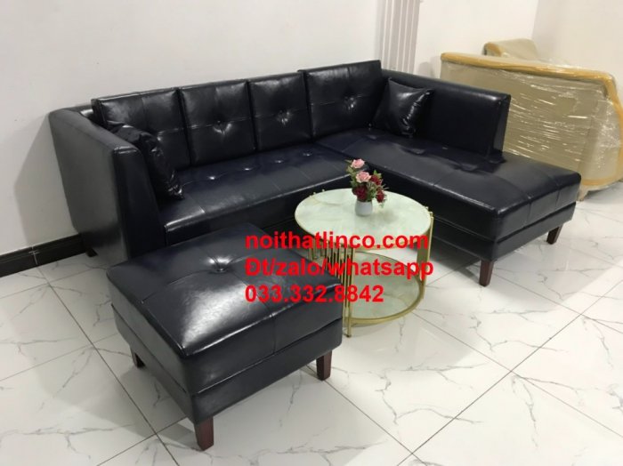 Bộ ghế sofa góc L GT1 xanh đen simili giả da hiện đại HCM Tphcm SG
