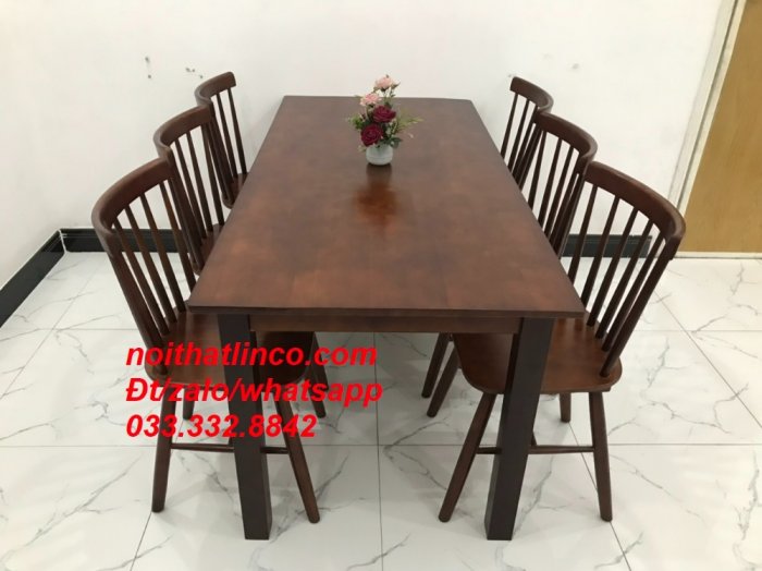 Bộ bàn ăn pinstool 7 nan 6 ghế màu cafe nâu Tphcm SG Biên Hòa Đồng Nai