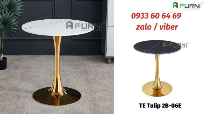 Bàn tiếp khách showroom mặt đá tròn 60cm chân thép mạ màu gold TE Tulip 2B-06E3