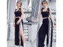 Set nữ đen áo 2 dây nơ mix quần xẻ bấm