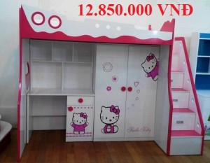 Nội thất F21, giường tầng 3 trong 1, giường tầng Hello Kitty, giường tầng gỗ tự nhiên