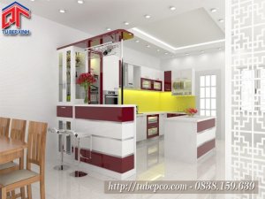 Mẫu tủ bếp màu trắng-đỏ cho phòng bếp hiện đại TBX06