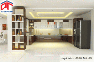Tủ bếp, bếp tủ gỗ Acrylic trắng nâu với tủ quầy bar KC63Z