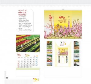 Lịch lò xo Miền quê thân yêu - lịch tờ 13 tờ, lò xo giữa, đỉnh nẹp nhựa, khổ 35 x 66cm, bìa giấy couché 300mgs cán màng PE bồi 2 lớp (600gms), ruột couché 200gms