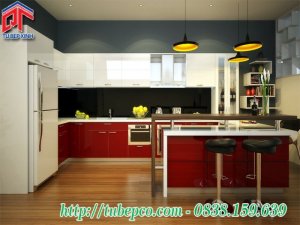 Tủ bếp gỗ Acrylic kết hợp quầy bar gam màu trắng đỏ cá tính TBX190