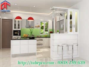 Mẫu tủ bếp Acrylic thiết kế ấn tượng, tiện dụng với quầy bar và đảo bếp TBX038