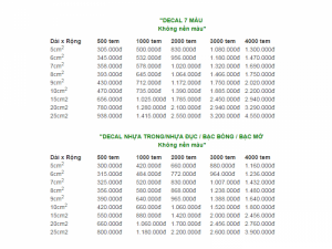 Bảng báo giá in tem 7 màu không nền màu | Bảng báo giá in tem nhựa trong/nhựa đục/bạc bóng/bạc mờ không nền màu (liên hệ In Kỹ Thuật Số nhận báo giá theo nhu cầu in tem)