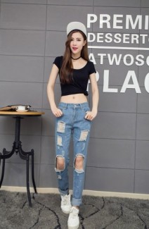 Quần Jeans Dài Rách Lỗ Mã: Qd1147 - Xanh