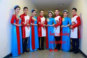 áo dài nam nữ xanh đỏ siêu đẹp
