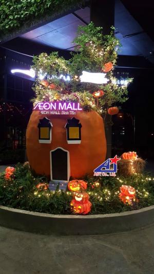 Ngôi nhà bí đỏ - phối cảnh tại khuôn viên Aeon Mall Bình Tân - Ánh Sao Trẻ đơn vị thi công trang trí Halloween