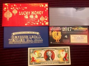 2 $ dola hình con Gà vàng 2017 & 8 tờ 2 $ dola 8888 nguyên tấm chưa cắt