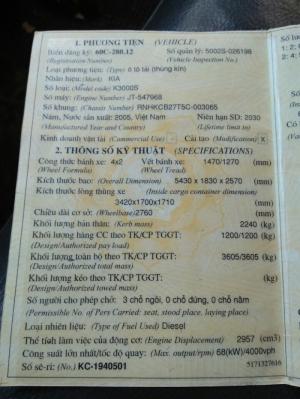 Bán xe KIA 1,4 tấn đời 2005, xe thùng kín chở gạch mở banh bửng.