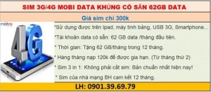 Sim 3G/4G Mobi Data Khủng Có Sẵn 62Gb Data