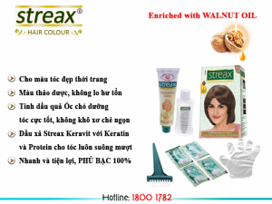 Một hộp Streax bao gồm: Tuýp màu nhuộm, tuýp phát triển màu, găng tay, 4 gói dầu xả Streax Keravit, Cọ nhuộm, tờ HDSD.