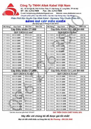 Bảng giá cáp điều khiển tín hiệu 2017