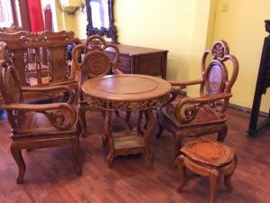Bộ bàn ghế triện nho 7 món gỗ hương, bàn tròn-BBG112