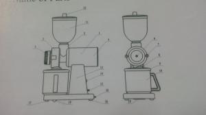 Hình1
1. Mô tơ
2. Cổ máy
3. Vỏ ngoài đĩa nghiền
4. Vỏ mô tơ
5. Núm điều chỉnh độ mịn
6. Nút vít điều chỉnh
7. Ốc mở bộ đĩa nghiền
8. Trục định hình khay lấy hạt
9. Nắp hộc lấy hạt
10. Hộc lấy hạt
11. Cốc cho hạt
12. Nắp cốc cho hạt
13. Thân máy
14. Cầu chì chuyển đổi điện
15. Cầu chì máy
16. Cầu chì dự phòng
17. Chân máy
18. Dây nguồn
19. Mặt đáy máy
